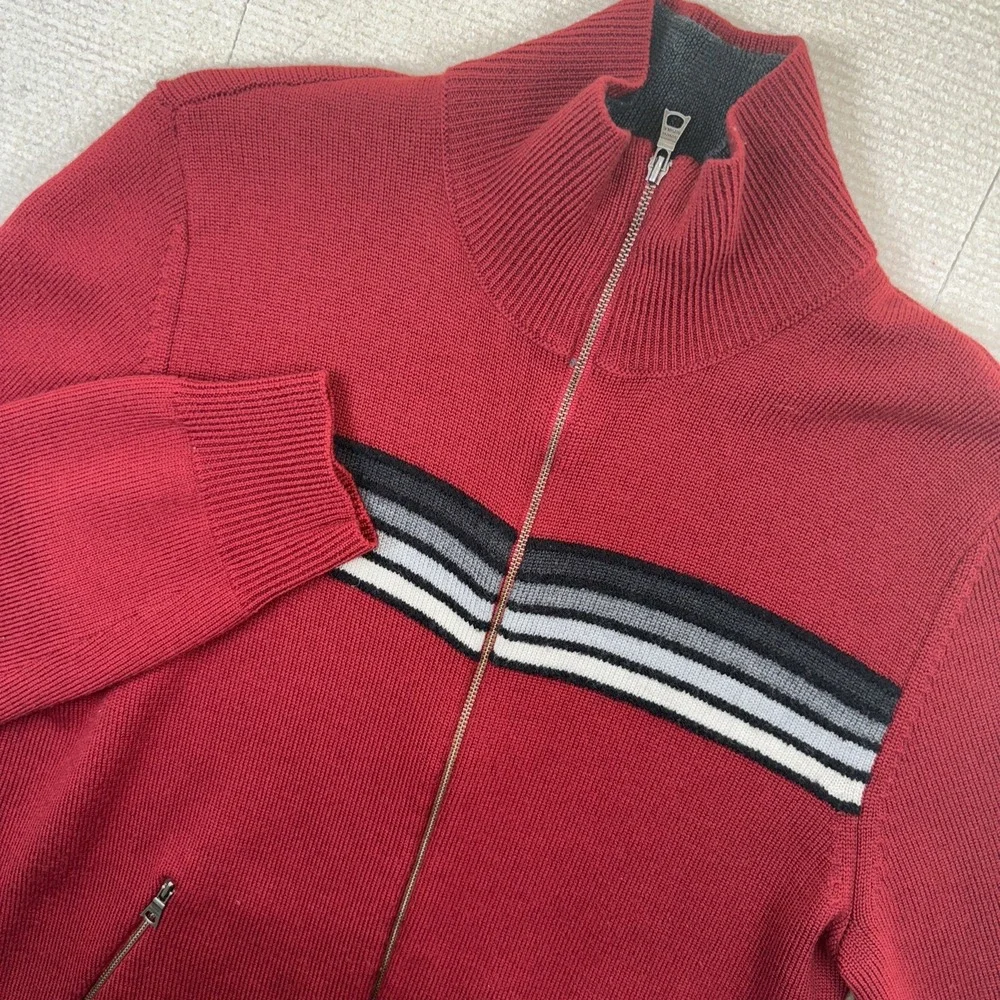 Banana Republic Full Zip Sweater Mens S Red Striped Mock Neck Wool‎ Blend Pocket